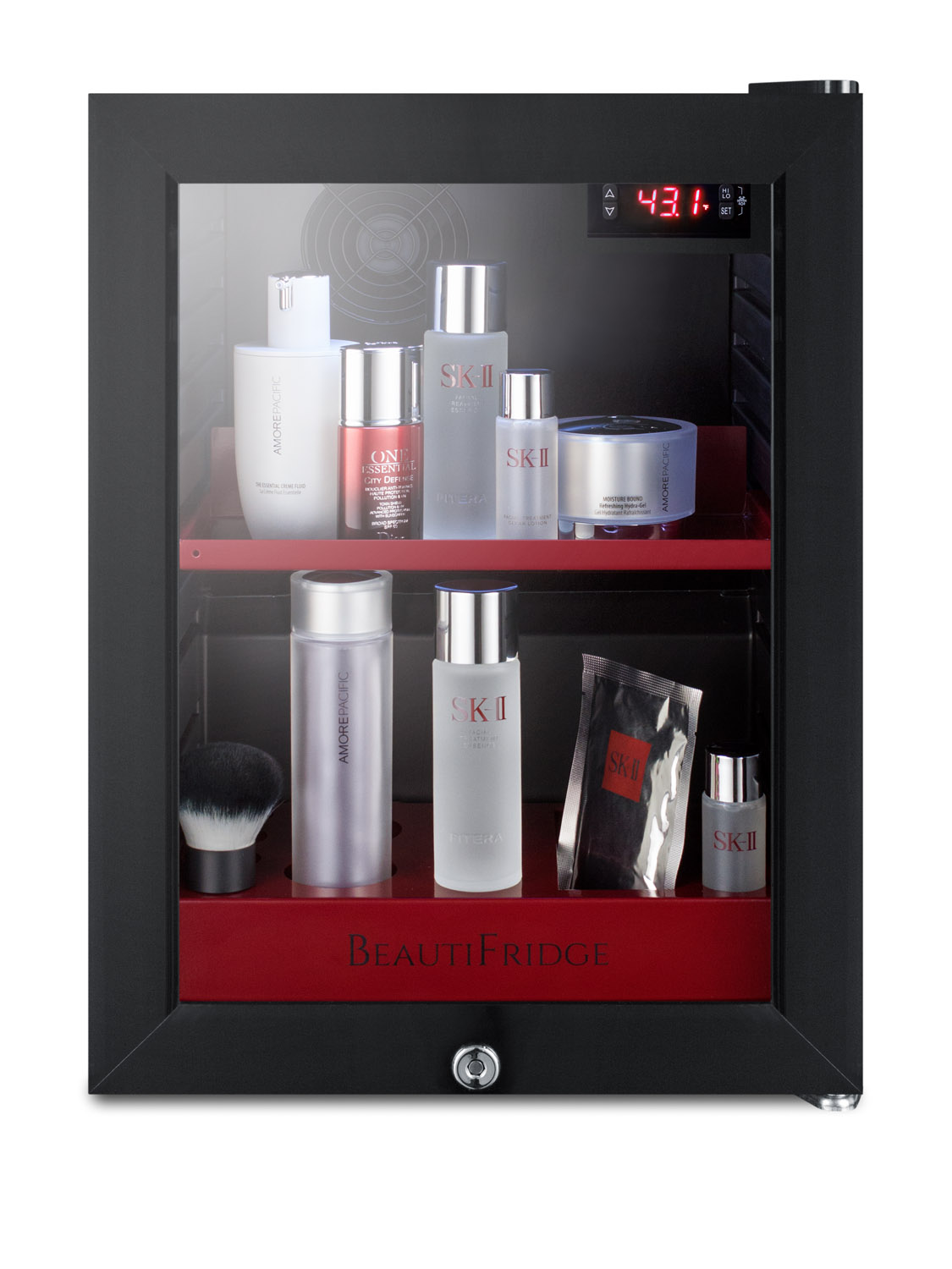BeautiFridge compact cosmetics cooler with glass door, black cabinet, lock, glossy ruby-colored shelves, and digital controls set for the storage of beauty products